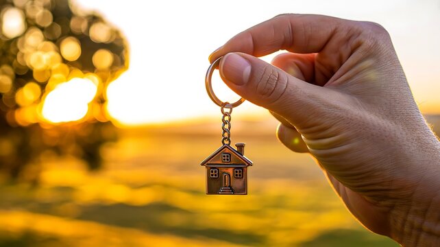 Hand holding house keychain at sunset representing new home ownership, property investment, and real estate success
