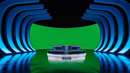 Futuristic television studio with curved blue light design and empty green screen background for news or broadcast production
