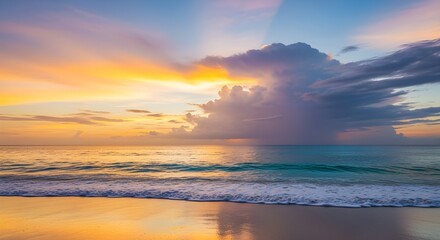 A breathtaking sunset paints the sky with fiery oranges and soft purples, reflecting on the calm ocean waves and sandy shore.