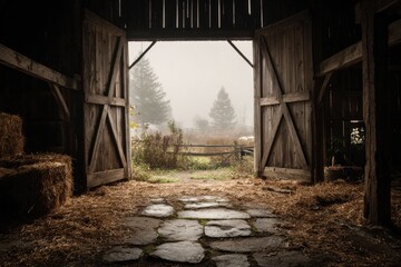 Open barn doors reveal a misty autumnal landscape. A rustic stone path leads to a hazy view beyond. Hay bales line the interior