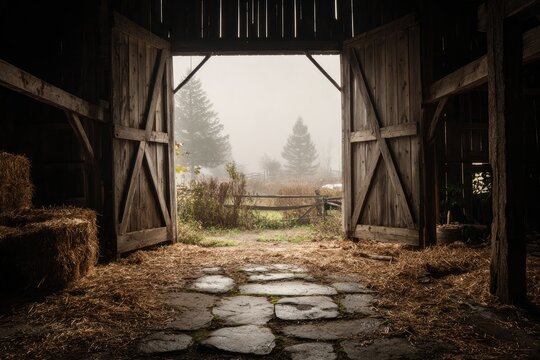 Open barn doors reveal a misty autumnal landscape. A rustic stone path leads to a hazy view beyond. Hay bales line the interior - Powered by Adobe