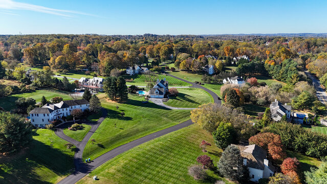 Single family house residential communities in the colorful fall in West Chester, suburb of Philadelphia, Pennsylvania