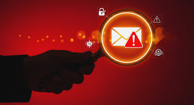 Cyber Security and Phishing Alert Concept with Magnifying Glass Zooming onto an Infected Email Icon on a Red Background, Highlighting Digital Threat