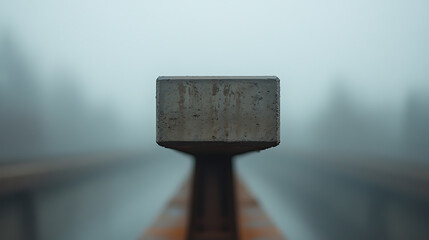 Solitary gray concrete block sits atop an orange surface, enveloped by a soft, hazy atmosphere. The square form contrasts with the blurred background. Minimalist design.