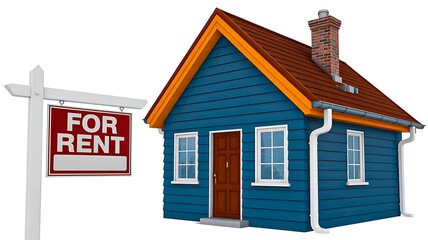 Blue house with For Rent sign representing rental property and real estate leasing concept
