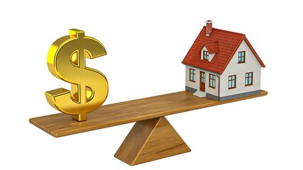 House and dollar sign balancing on wooden scale symbolizing property value and financial investment concept
