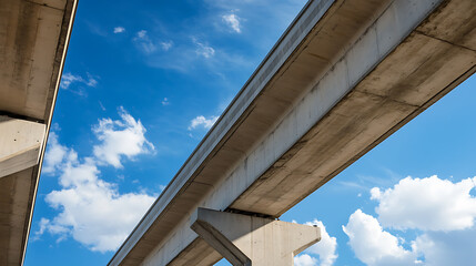 A low-angle shot of a concrete elevated railway against a bright blue sky with fluffy clouds. The railway appears unfinished and in construction. The beams are supported by large concrete pillars.