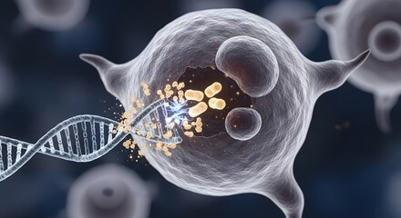 A detailed illustration of a biological cell with DNA strands and molecular structures inside, highlighting cellular processes and genetic information transfer