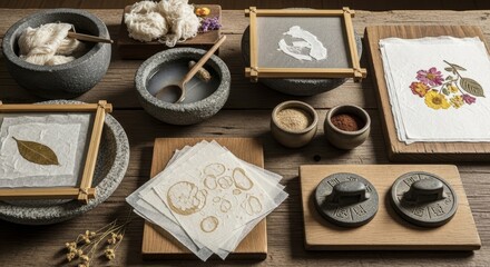 Traditional handmade paper making workspace with bamboo screens mortars ink stones and botanical pressed flower samples on wooden table