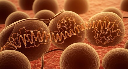 A detailed illustration of cells with DNA strands inside, showcasing microscopic biological structures in a vibrant, realistic style