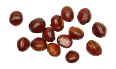 Fresh raw chestnut pile isolated on white background, top view