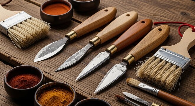 Traditional woodworking palette knives and brushes with natural pigments in ceramic bowls arranged on rustic wooden table surface for artistic painting and crafting projects