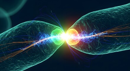A highly detailed digital illustration depicting the collision and interaction of two particles at the atomic level with vibrant energy waves and sparks in a dark background