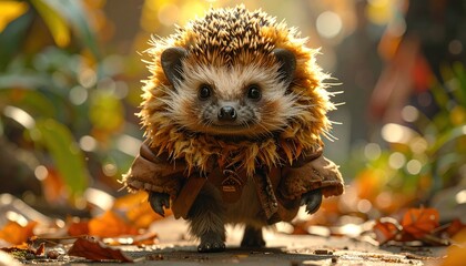 Adorable hedgehog with brown coat, standing in autumnal leaves