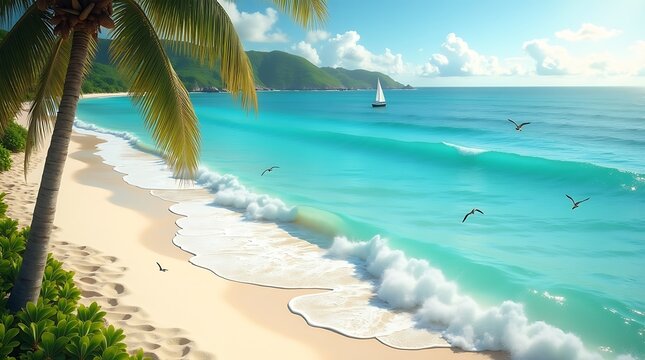 Idyllic tropical beach with turquoise ocean waves and palm trees on a sunny day