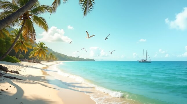 Idyllic tropical beach with palm trees turquoise ocean and white sand under a clear blue sky