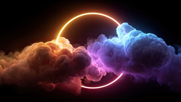 Neon circle framed by swirling, colorful smoke clouds