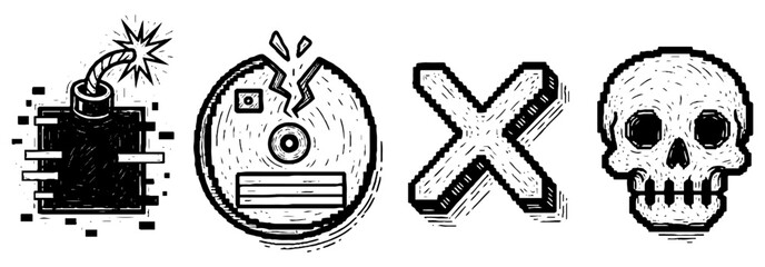 Pixel art-style icons with digital bomb, cracked compact disc, X symbol and skull, 8-bit retro aesthetic on transparent background