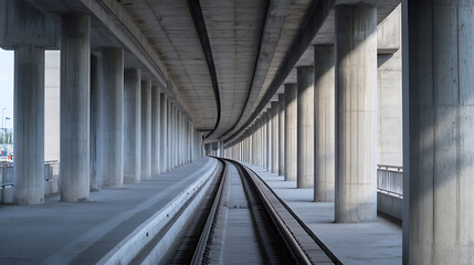 A straight, curved railway track leads through a covered walkway. The gray, concrete pathway is defined by rows of support beams that stand parallel to the railway track.