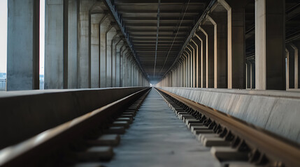 Fototapeta premium Mysterious train tracks vanishing into the distance. Concrete pillars line the route. A journey into the unknown with rail as a guide. Focus on perspective and depth.