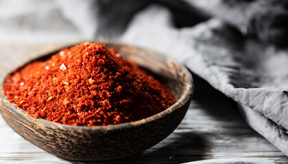 Spicy chilli powder on a wooden spoon