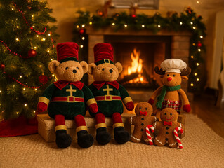 Cozy Christmas scene with plush bears, reindeer, and gingerbread toys by the fireplace and Christmas tree. Warm lights create festive holiday magic.