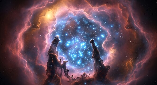 Cosmic nebula with glowing stars and colorful interstellar clouds