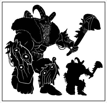 The silhouette of a huge muscular giant with a gray beard and horns in wooden ship armor. A fantasy character, an ancient sea monster with a large full-length hammer without a background.