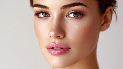Fototapeta premium Beautiful close-up portrait of a young woman with flawless skin, soft pink lips, and captivating eyes against a neutral background, showcasing natural beauty
