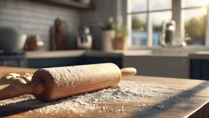 Wooden rolling pin dusted with flour on a kitchen counter, bathed in sunlight
