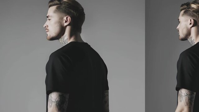 Model stands against a neutral backdrop wearing a simple black t-shirt. The soft lighting highlights the fabric and the model's tattoos, creating a stylish, modern look.