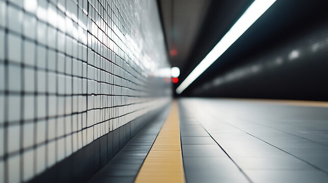 Urban Exploration: stark, tiled walls converge in the subway, leading the eye towards distant lights. Linear patterns create depth & emphasize the tunnel's sleek design.