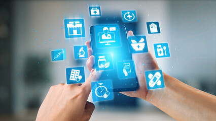 Online pharmacy icons showing medicine, healthcare, prescription and medical services with digital pharmacy, online drugstore, telemedicine and modern pharmaceutical solutions. Gist