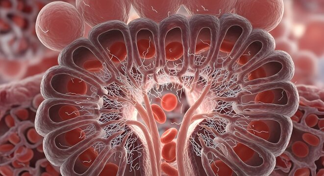 Highly detailed digital illustration of a biological structure resembling a complex cellular or molecular network with intricate branching and interconnected elements