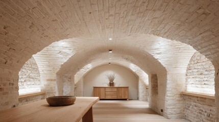 Empty room with a high arched ceiling made of white brick. the walls are made of large, arched bricks that are arranged in a way that creates a sense of depth and dimension.