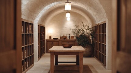 Long, narrow corridor with a stone archway at the end. the corridor is lined with wooden shelves on both sides, creating a wine cellar-like atmosphere.