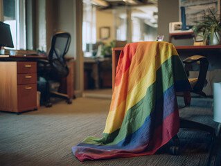 Rainbow flag draped over office chair in modern workspace, symbolizing LGBTQ pride, diversity, and inclusion, with natural light and relaxed atmosphere enhancing positive mood