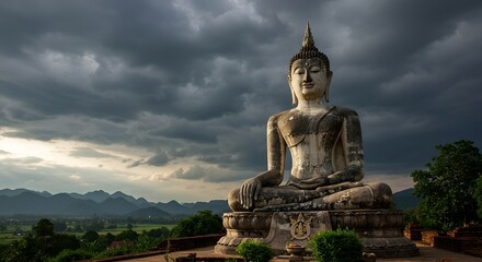 Fototapeta premium Majestic Buddha statue overlooks serene valley under dramatic stormy skies, evoking peace and awe.