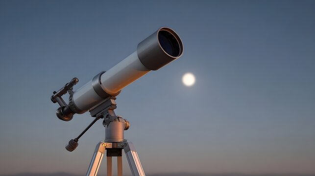 A white astronomical telescope on a tr points towards a bright celestial object in the twilight sky