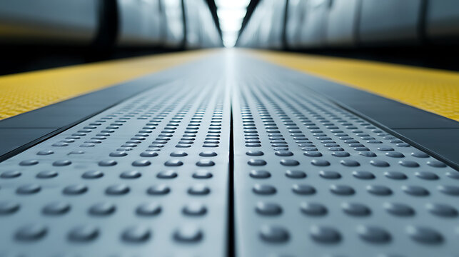A close-up shot of a metal platform with a distinct dotted texture. This ground-level perspective highlights the patterns, inviting viewers to appreciate the details of urban infrastructure.