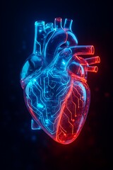 Futuristic human heart made of transparent glass and glowing circuits, neon blue and red lighting, cybernetic anatomy concept.
