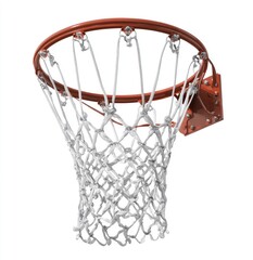Basketball hoop and net.  Close-up view of a white net attached to a red rim.  Strong, detailed mesh.  Sports equipment