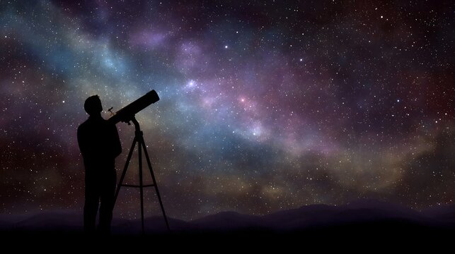 A lone silhouette gazes through a telescope at the vibrant starry expanse of the galaxy