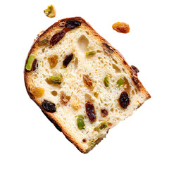 Top view of a slice of panettone with visible raisins and orange zest isolated on transparent background