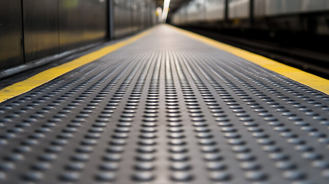 A gray, patterned platform edges a bright yellow line, blurred and fading into the station's depths. Industrial yet intriguing, it invites travelers to ponder the journey.