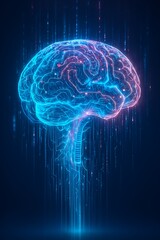 AI-generated holographic human brain with digital data streams and neural network lines, glowing background