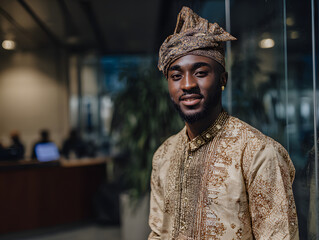 Young man wearing traditional African garment and patterned headwrap, smiling confidently in modern office environment, reflecting cultural pride and elegance