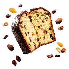 Top view of a slice of panettone with visible raisins and orange zest isolated on transparent background