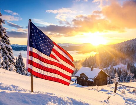 American flag waving in snowy landscape with sunrise behind a cabin - Powered by Adobe
