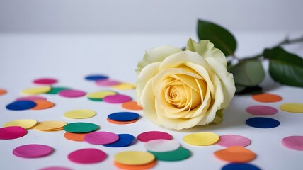 Fototapeta premium Yellow rose with colorful confetti on white background